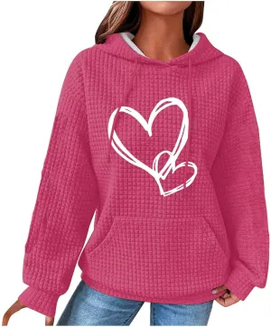 Cute Graphic Hoodies For Women Long Sleeve Heart Print Pullover Tops Oversized Long Sleeve Hooded Waffle Sweatshirt