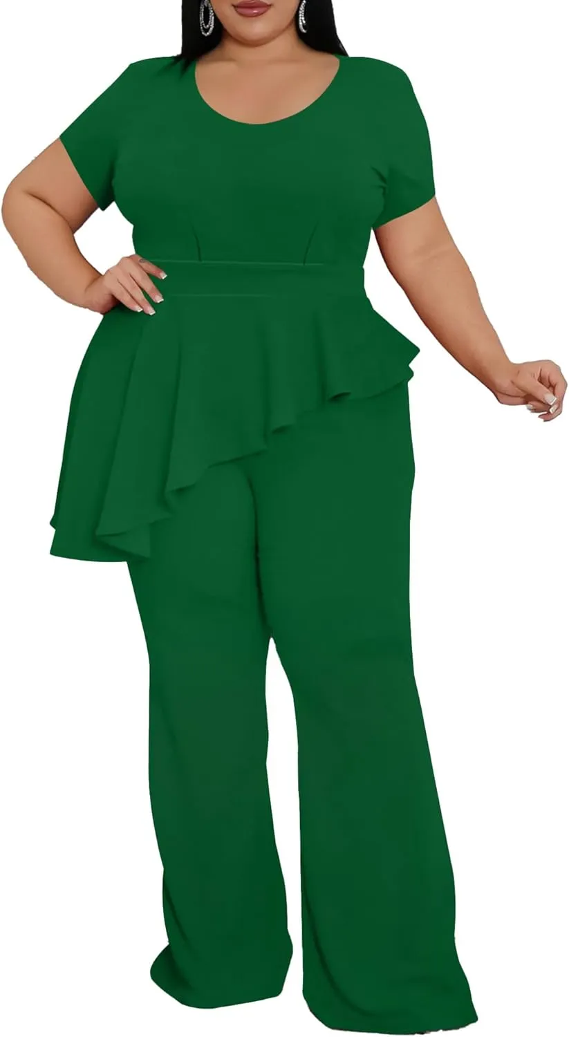 CXXQ Women's Plus Size Pant Suits 2 Piece Outfits Short Sleeve Peplum Top Pockets Wide Pants Sets Business Pantsuits