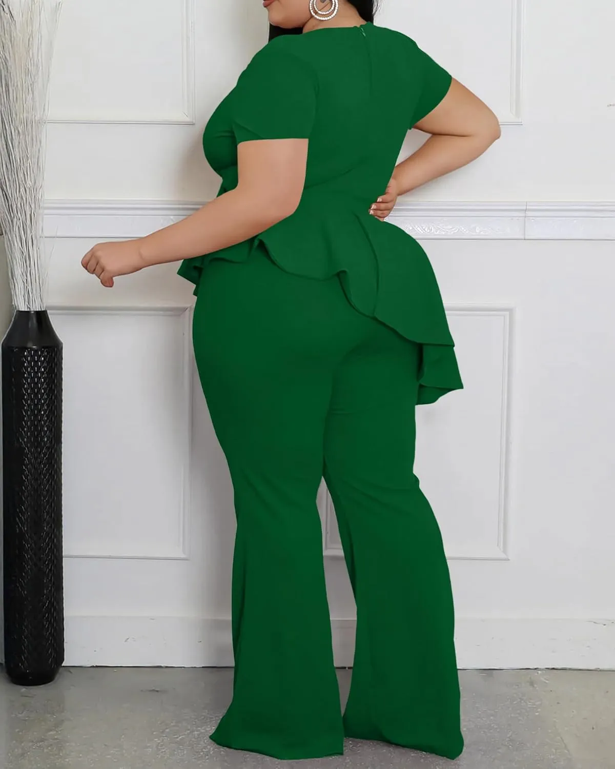 CXXQ Women's Plus Size Pant Suits 2 Piece Outfits Short Sleeve Peplum Top Pockets Wide Pants Sets Business Pantsuits