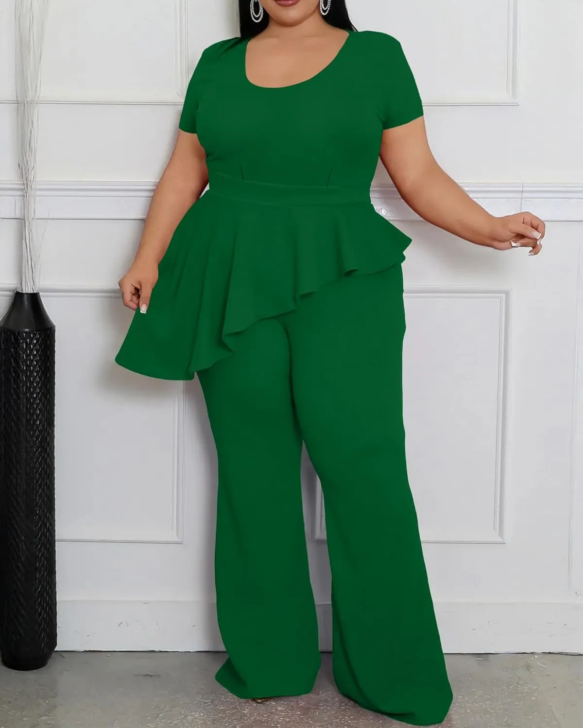 CXXQ Women's Plus Size Pant Suits 2 Piece Outfits Short Sleeve Peplum Top Pockets Wide Pants Sets Business Pantsuits