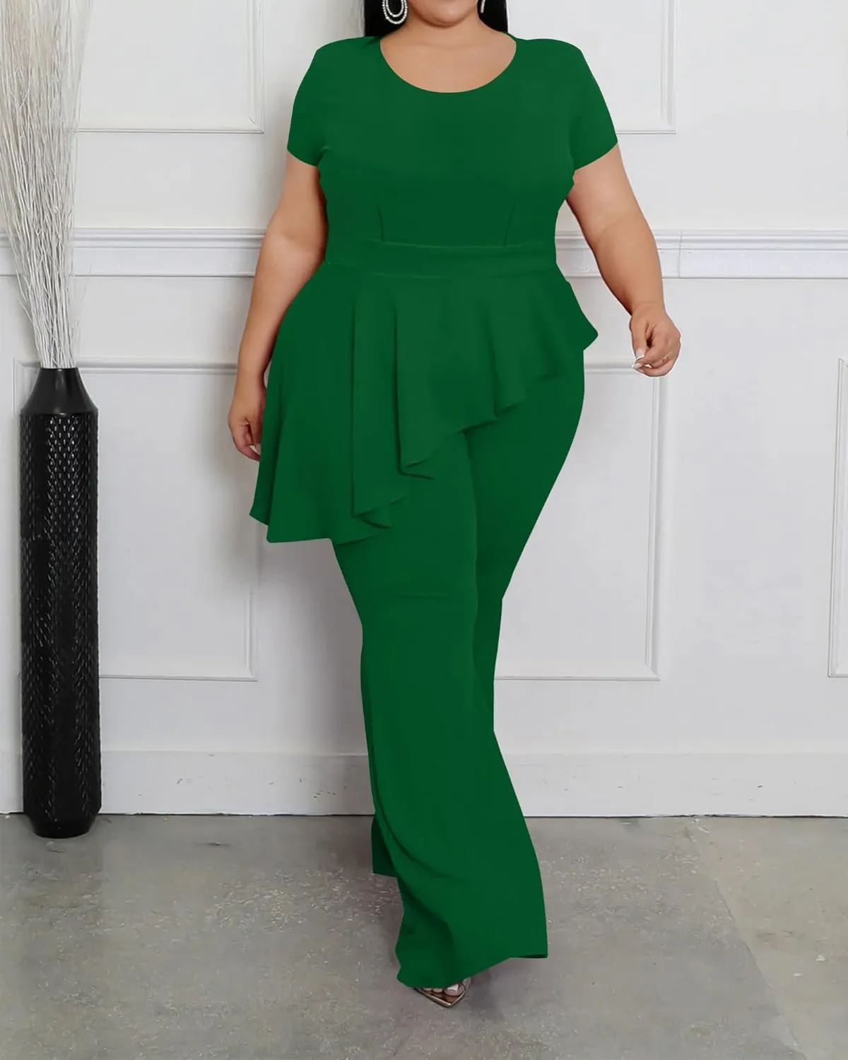 CXXQ Women's Plus Size Pant Suits 2 Piece Outfits Short Sleeve Peplum Top Pockets Wide Pants Sets Business Pantsuits