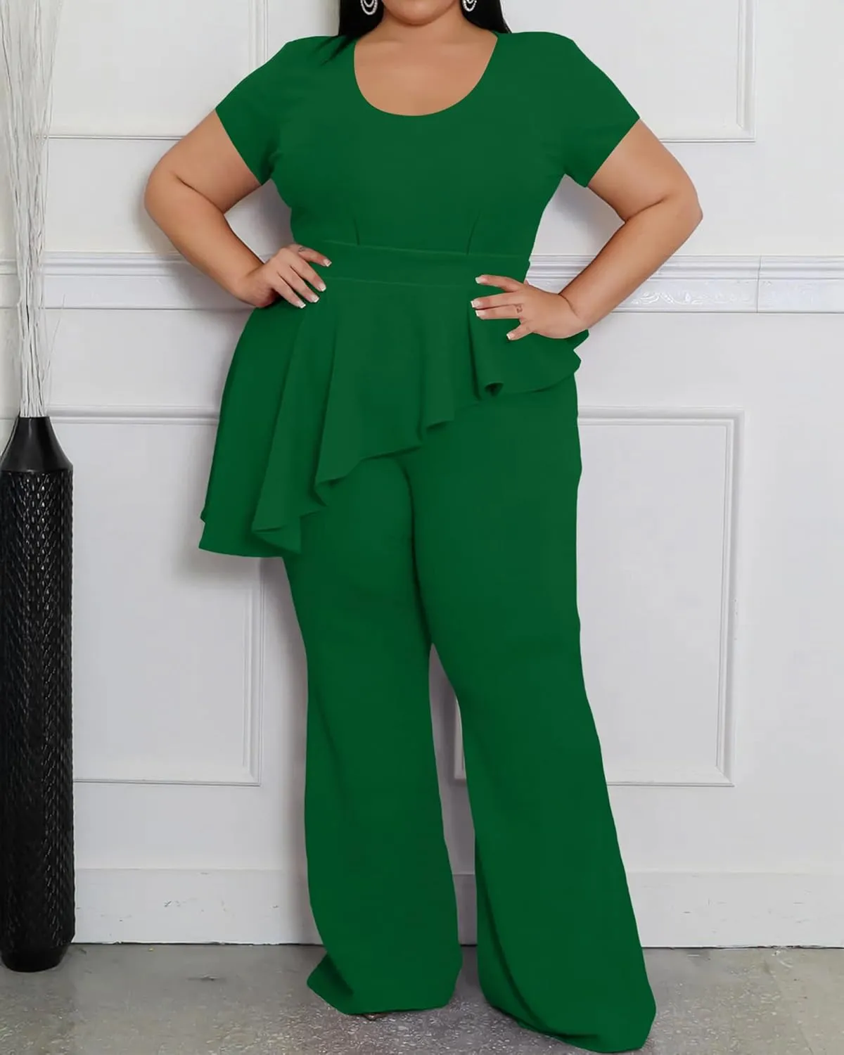 CXXQ Women's Plus Size Pant Suits 2 Piece Outfits Short Sleeve Peplum Top Pockets Wide Pants Sets Business Pantsuits