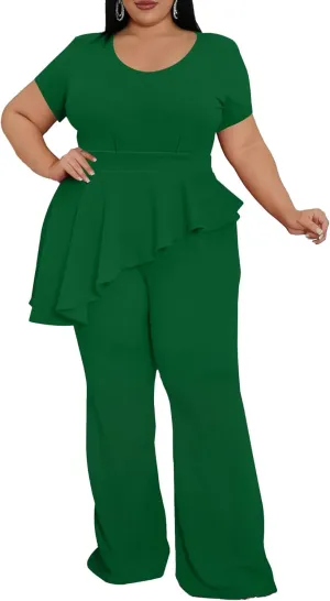 CXXQ Women's Plus Size Pant Suits 2 Piece Outfits Short Sleeve Peplum Top Pockets Wide Pants Sets Business Pantsuits