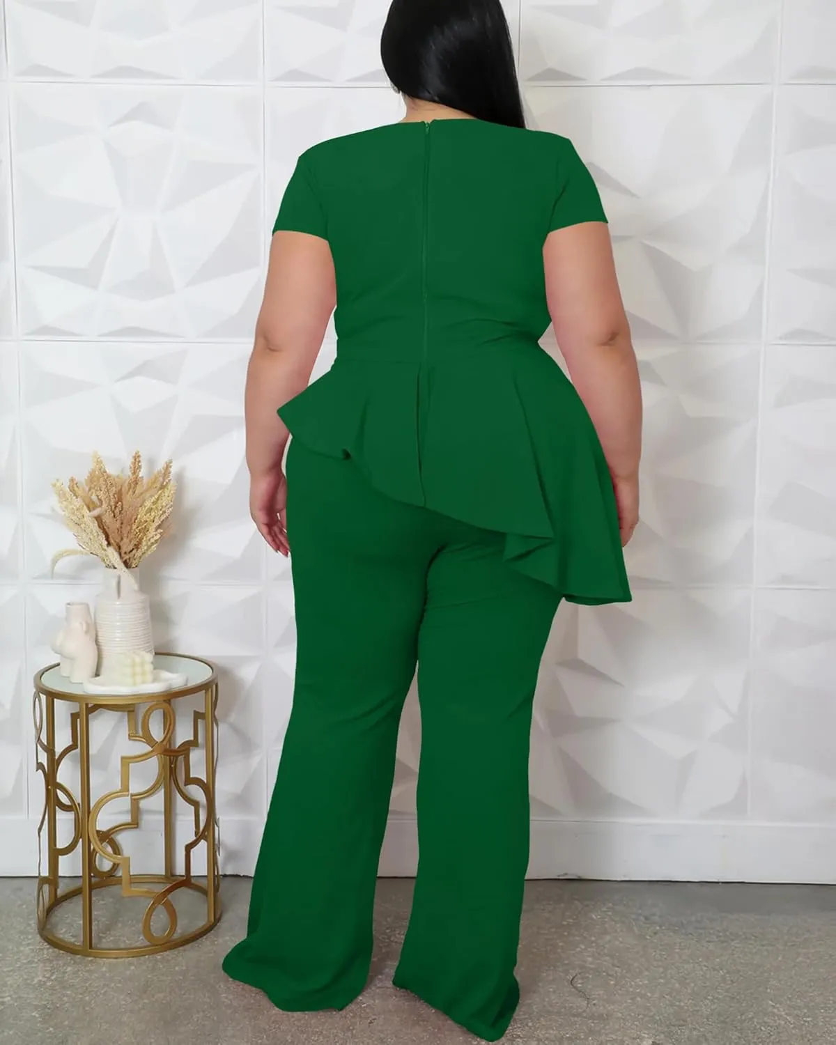 CXXQ Women's Plus Size Pant Suits 2 Piece Outfits Short Sleeve Peplum Top Pockets Wide Pants Sets Business Pantsuits