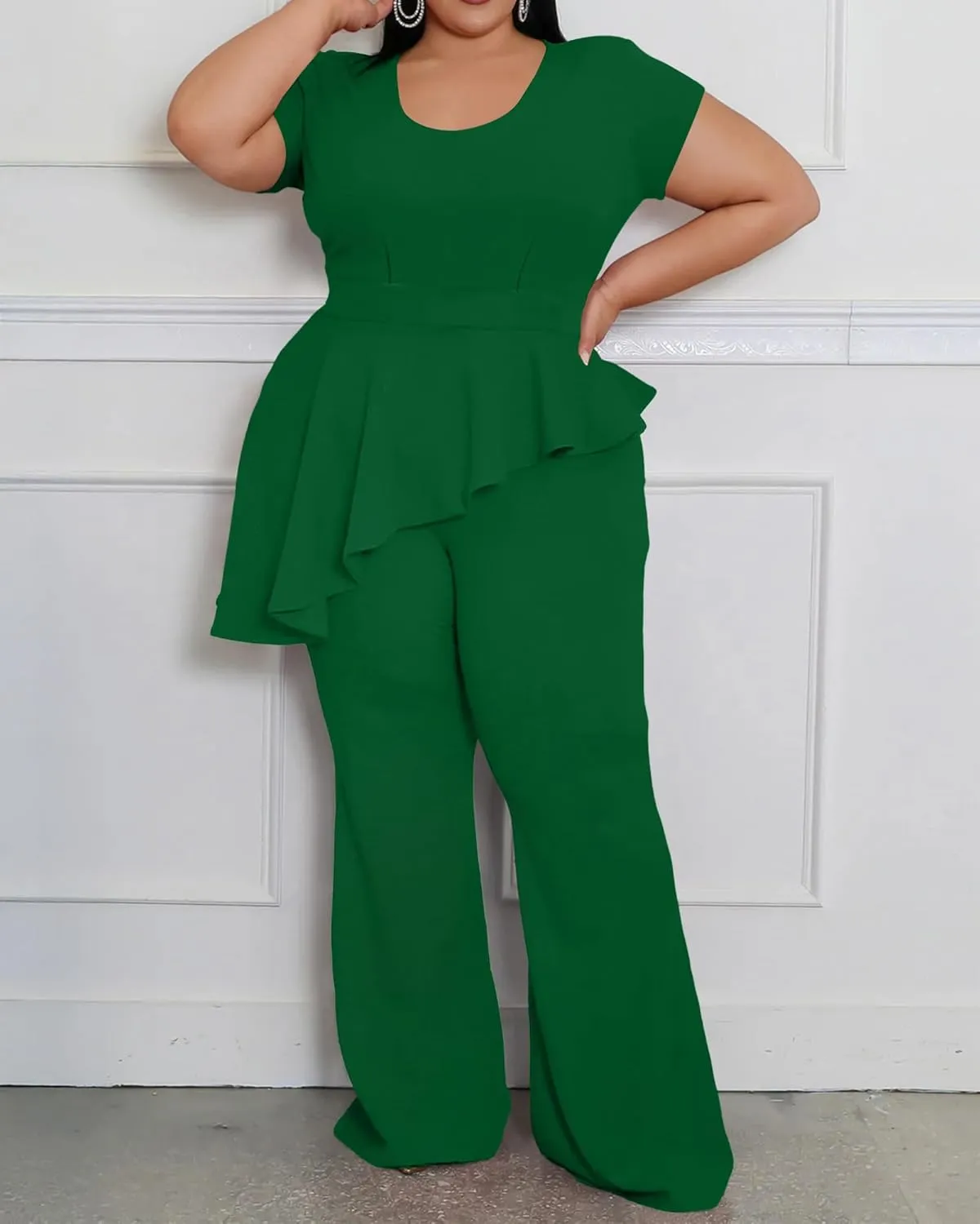 CXXQ Women's Plus Size Pant Suits 2 Piece Outfits Short Sleeve Peplum Top Pockets Wide Pants Sets Business Pantsuits