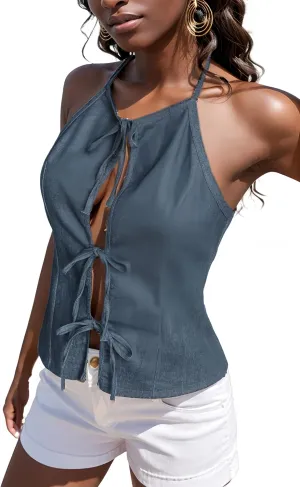 Denim Vest Women Halter Neck Tie Front Jean Vest Tops Trendy Summer 2025 Sexy Sleeveless Cropped Tank Top