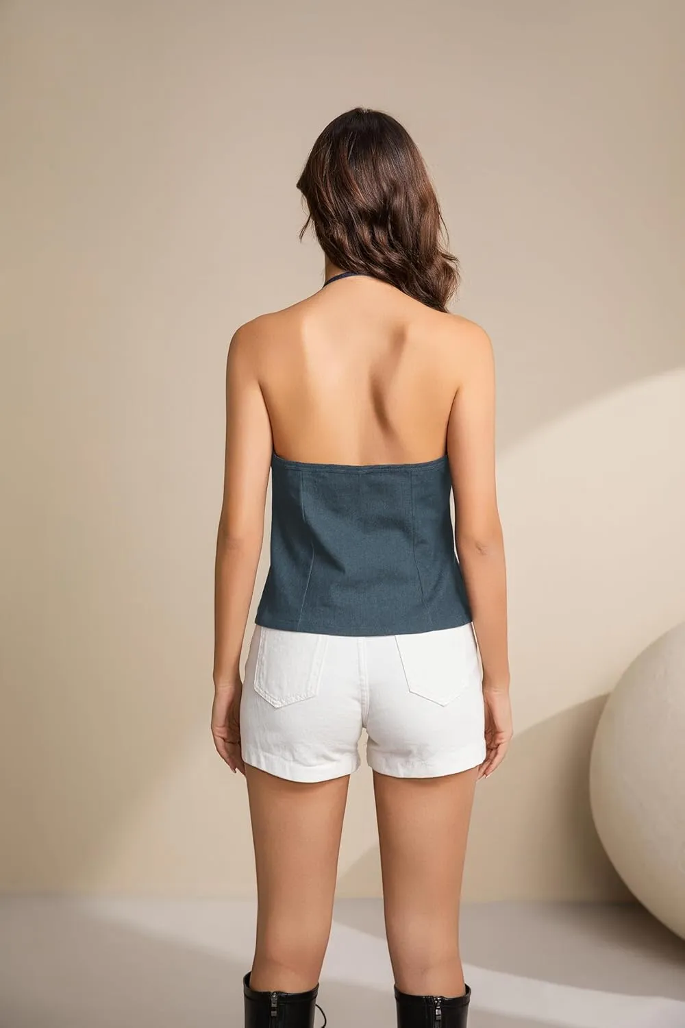 Denim Vest Women Halter Neck Tie Front Jean Vest Tops Trendy Summer 2025 Sexy Sleeveless Cropped Tank Top