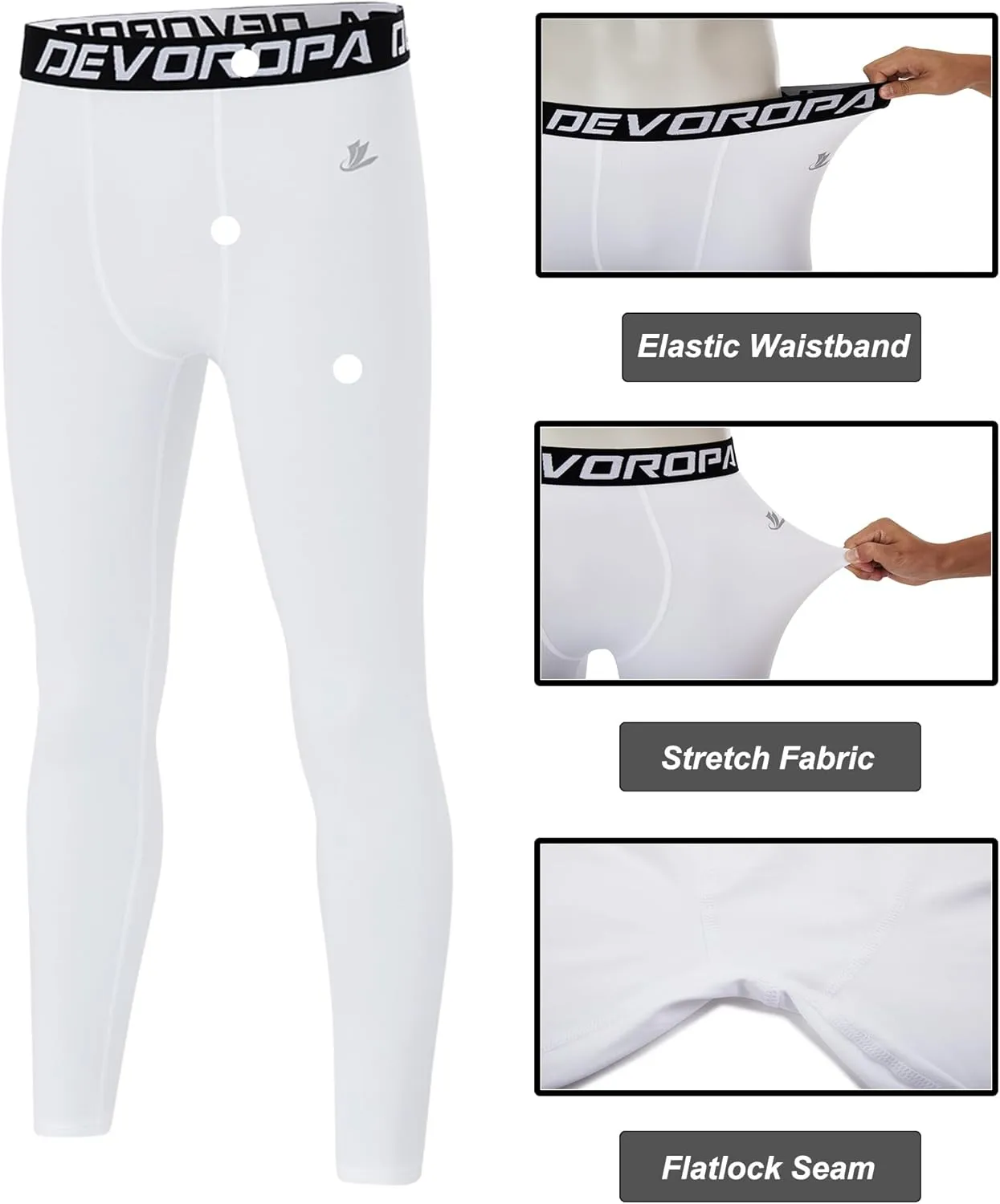 DEVOROPA Boys Leggings Quick Dry Youth Compression Pants Sports Tights Basketball Baseball Base Layer Husky/Slim/Regular Fit