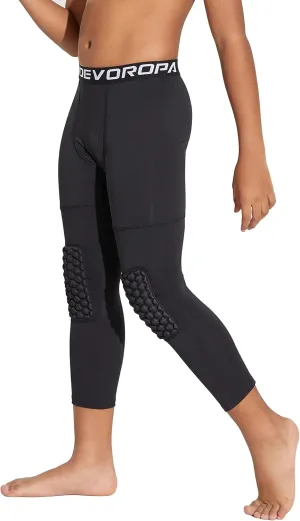 DEVOROPA Youth Boys' Compression Pants with Knee Pads 3/4 Basketball Athletic Tights Quick Dry Sports Workout Leggings
