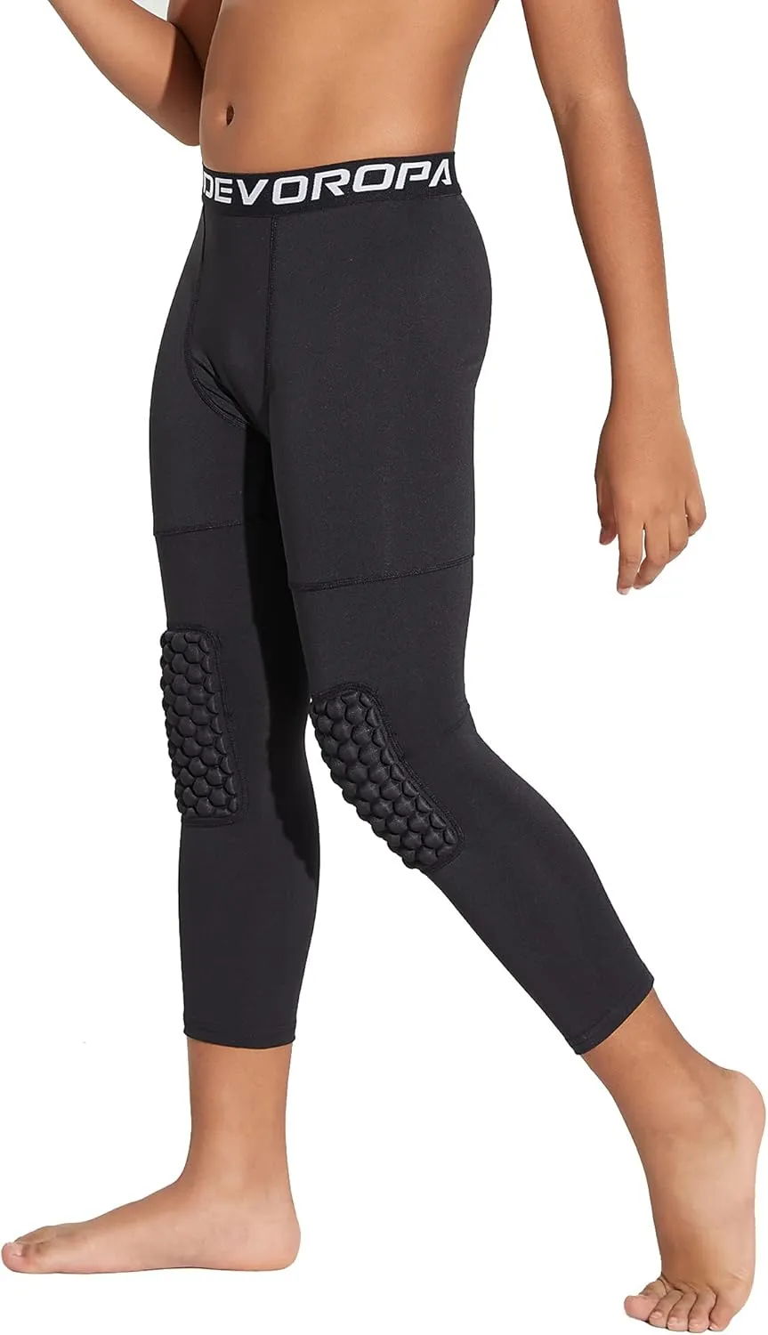 DEVOROPA Youth Boys' Compression Pants with Knee Pads 3/4 Basketball Athletic Tights Quick Dry Sports Workout Leggings