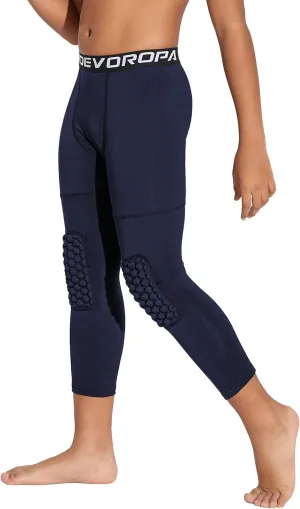 DEVOROPA Youth Boys' Compression Pants with Knee Pads 3/4 Basketball Athletic Tights Quick Dry Sports Workout Leggings