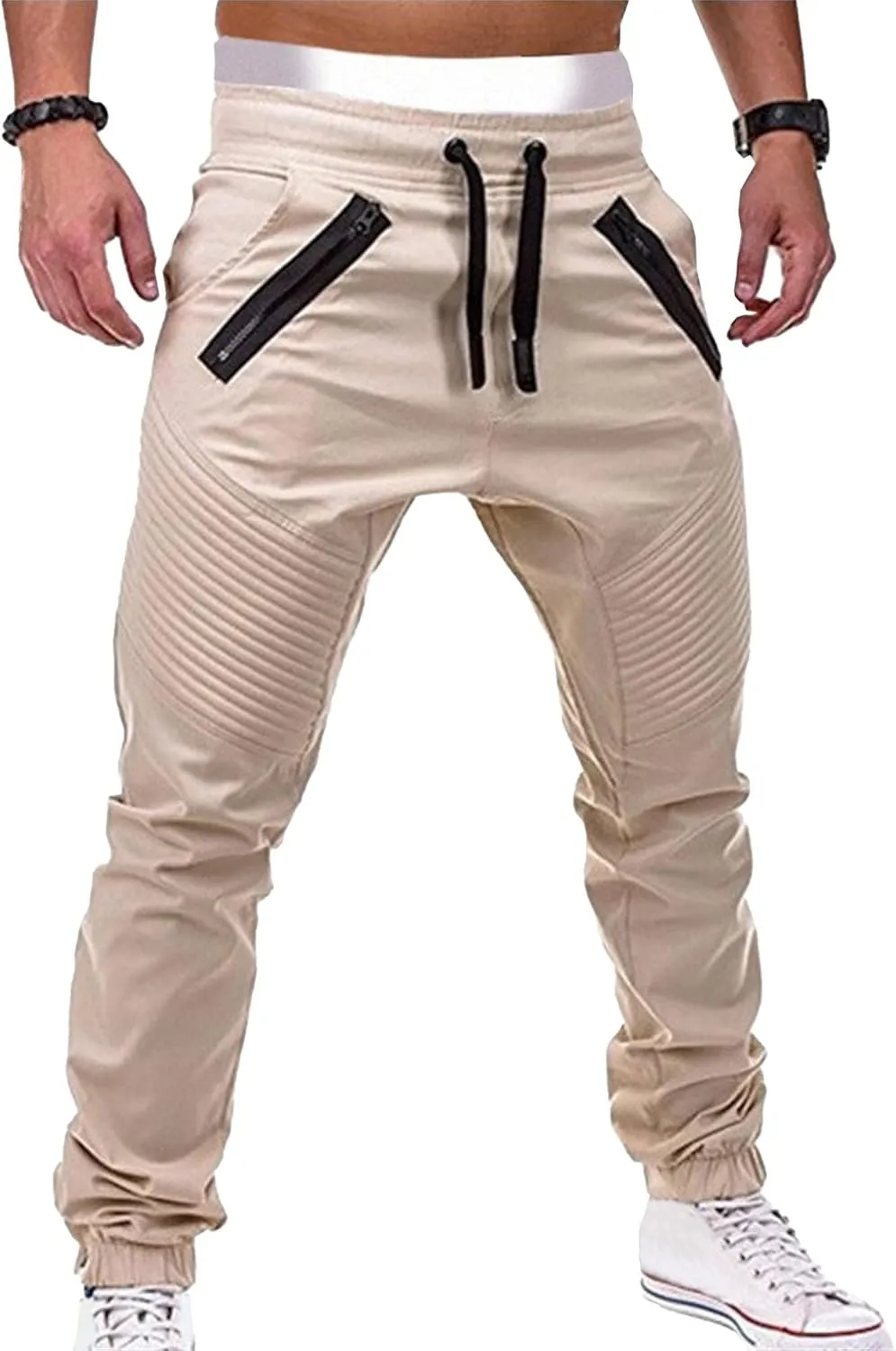 DGHM-JLMY Men's Sweatpants Drawstring Slim Fit Tapered Pencil Pant Fashion Stretch Elastic Waist Bandage Casual Pants