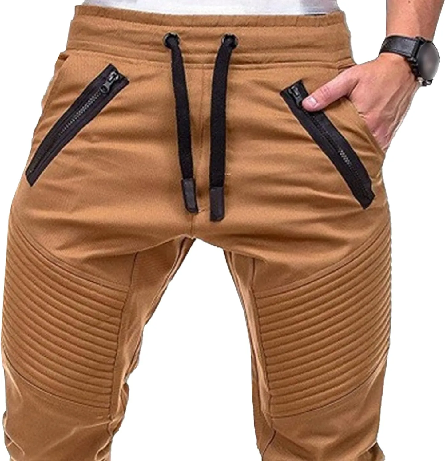 DGHM-JLMY Men's Twill Jogger Pants Elastic Waist Cotton Casual Cargo Pants Soft Stretch Slim Fit Tapered Trousers