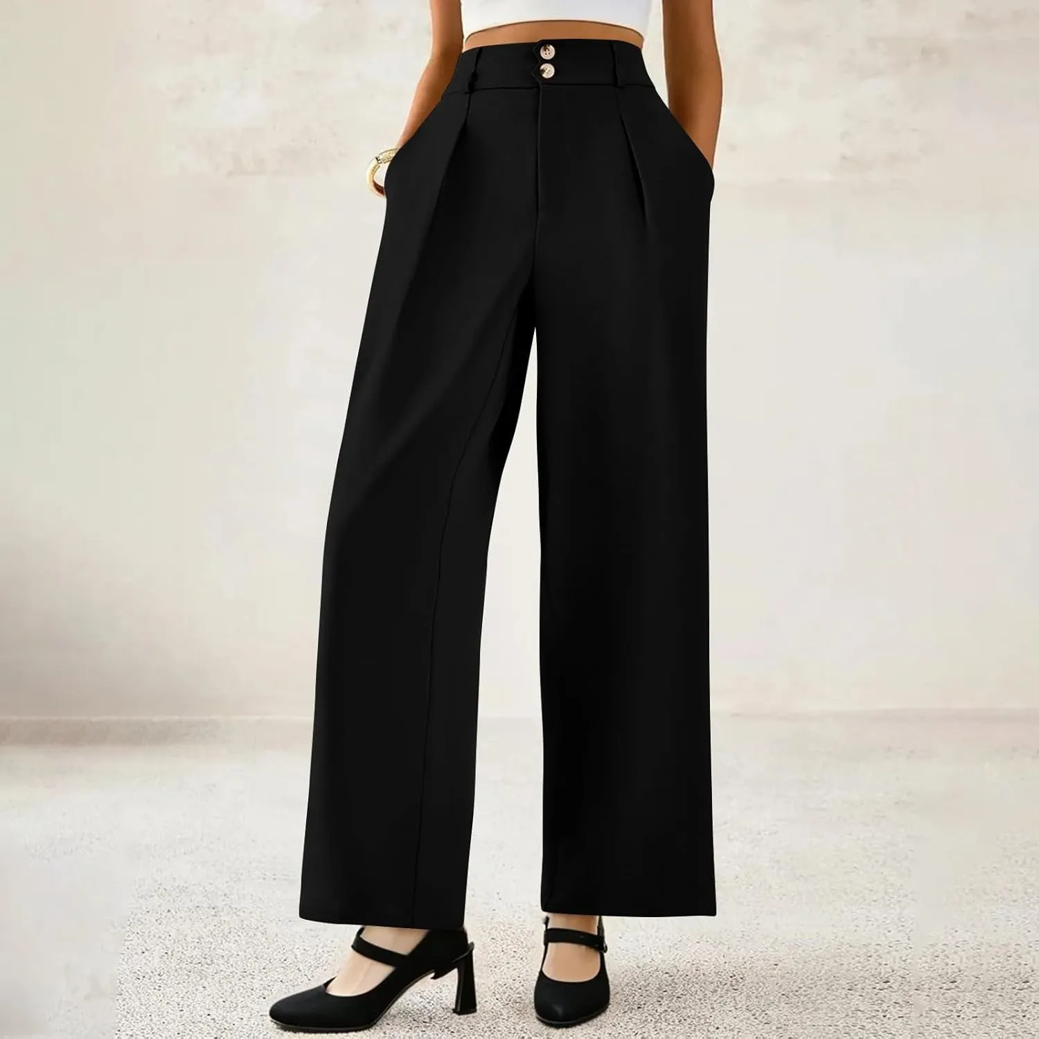 Dress Pants Women Tummy Control High Waisted Work Pants Business Casual Twill Wide Leg Chino Pants with Pockets