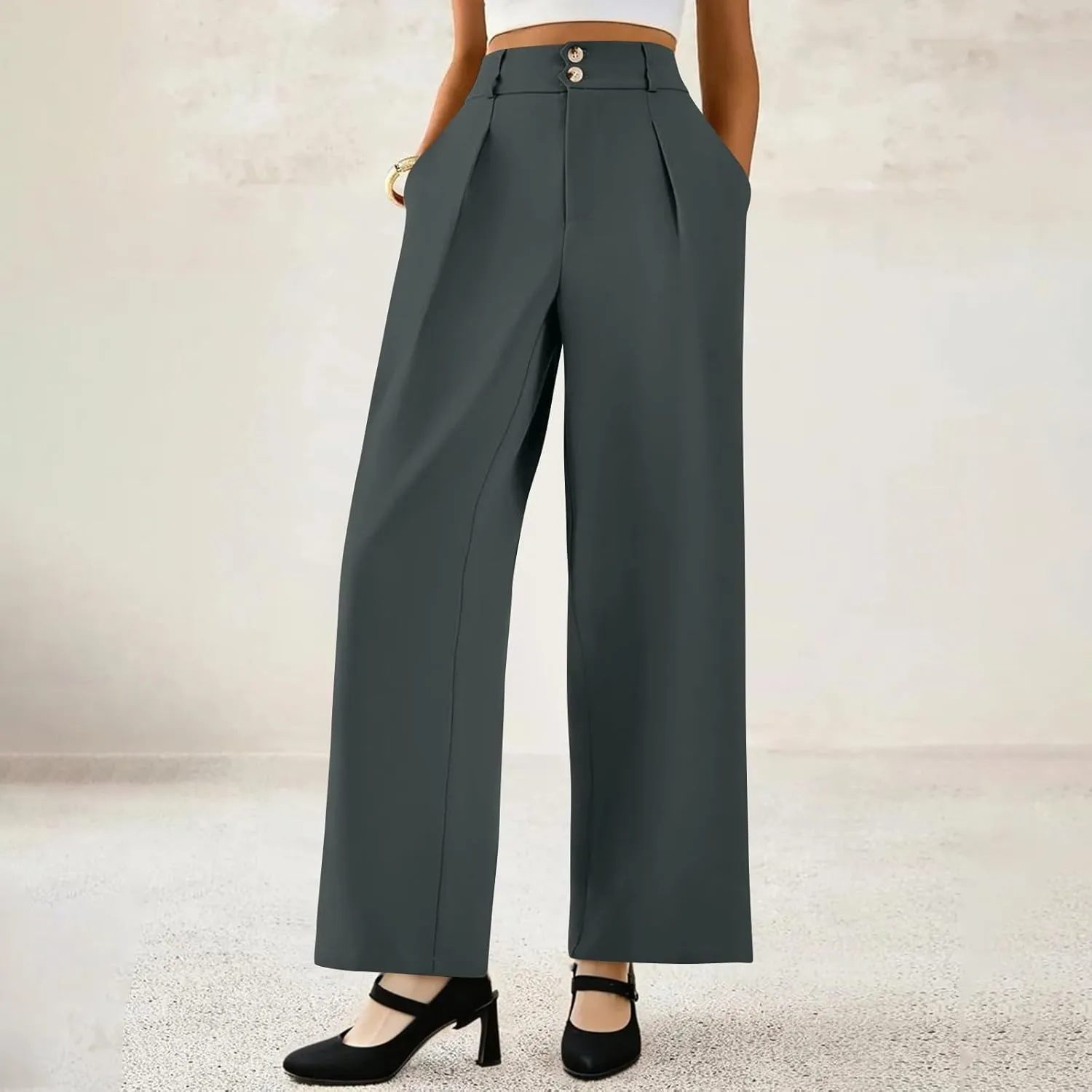 Dress Pants Women Tummy Control High Waisted Work Pants Business Casual Twill Wide Leg Chino Pants with Pockets