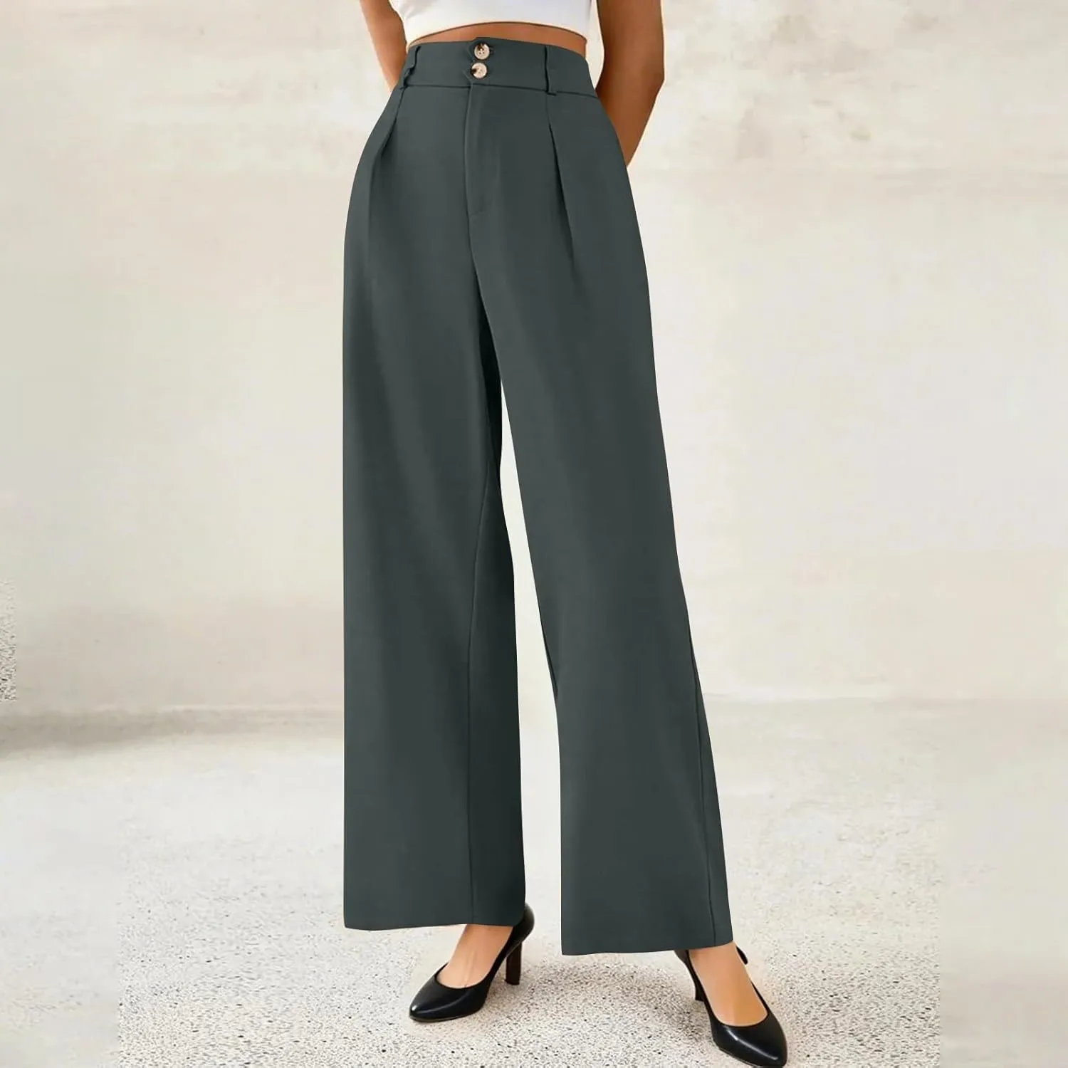 Dress Pants Women Tummy Control High Waisted Work Pants Business Casual Twill Wide Leg Chino Pants with Pockets