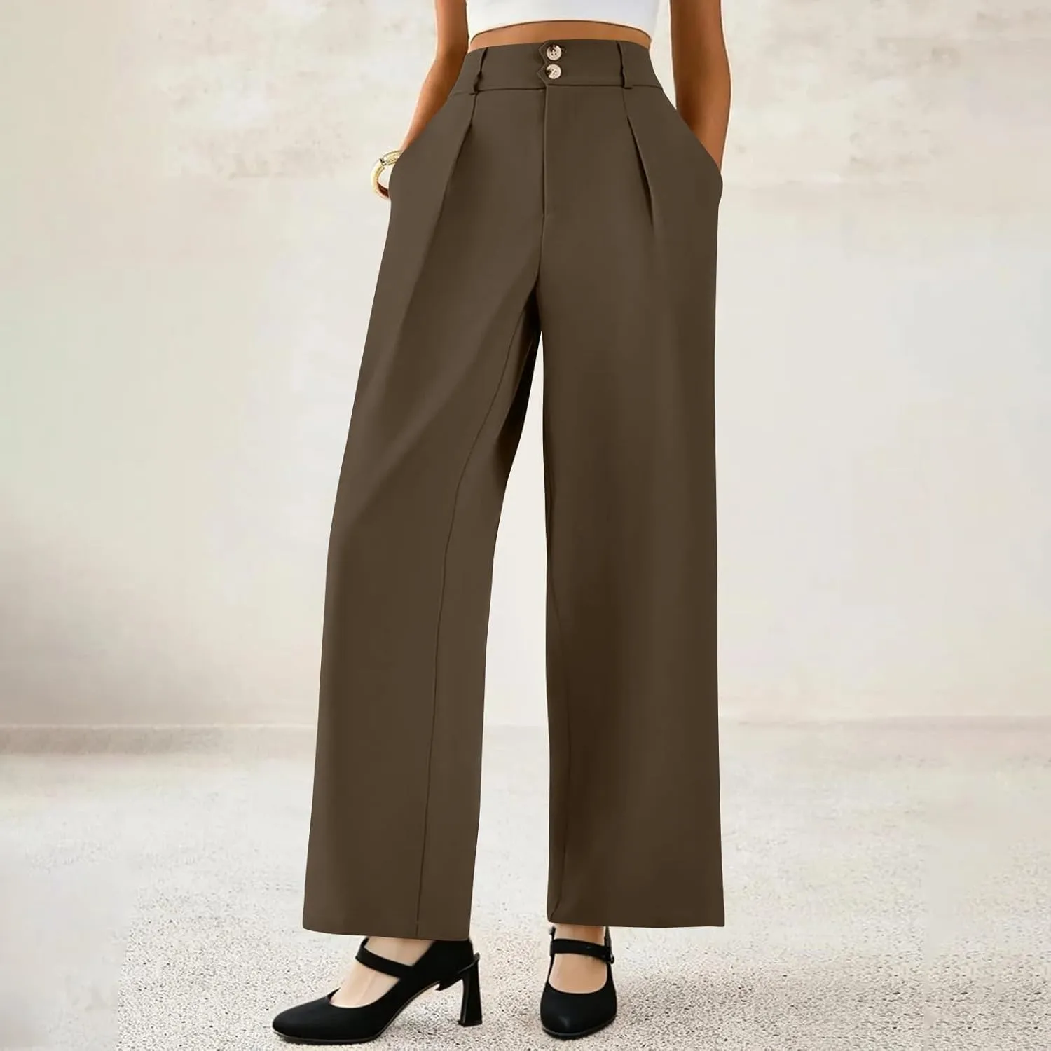 Dress Pants Women Tummy Control High Waisted Work Pants Business Casual Twill Wide Leg Chino Pants with Pockets