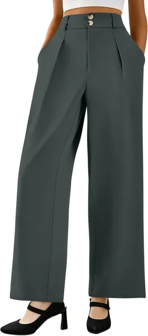 Dress Pants Women Tummy Control High Waisted Work Pants Business Casual Twill Wide Leg Chino Pants with Pockets