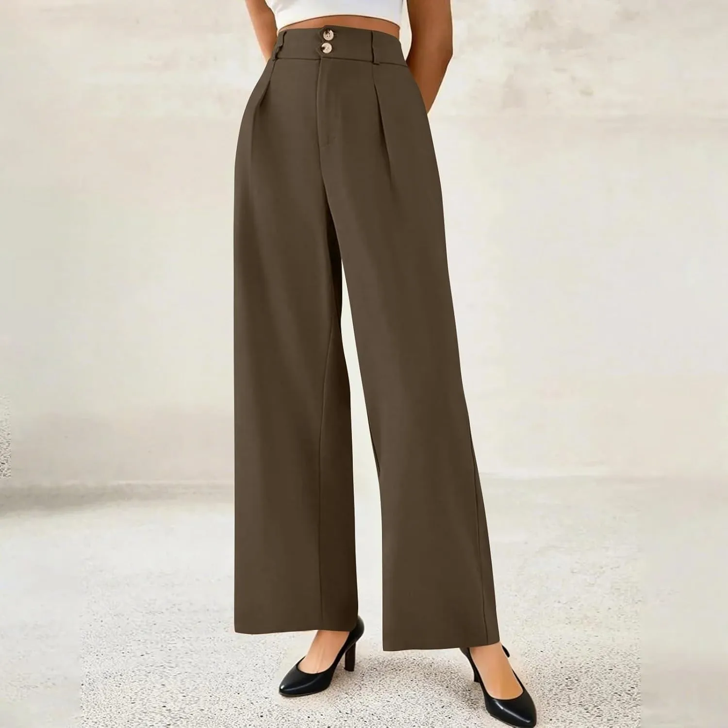Dress Pants Women Tummy Control High Waisted Work Pants Business Casual Twill Wide Leg Chino Pants with Pockets