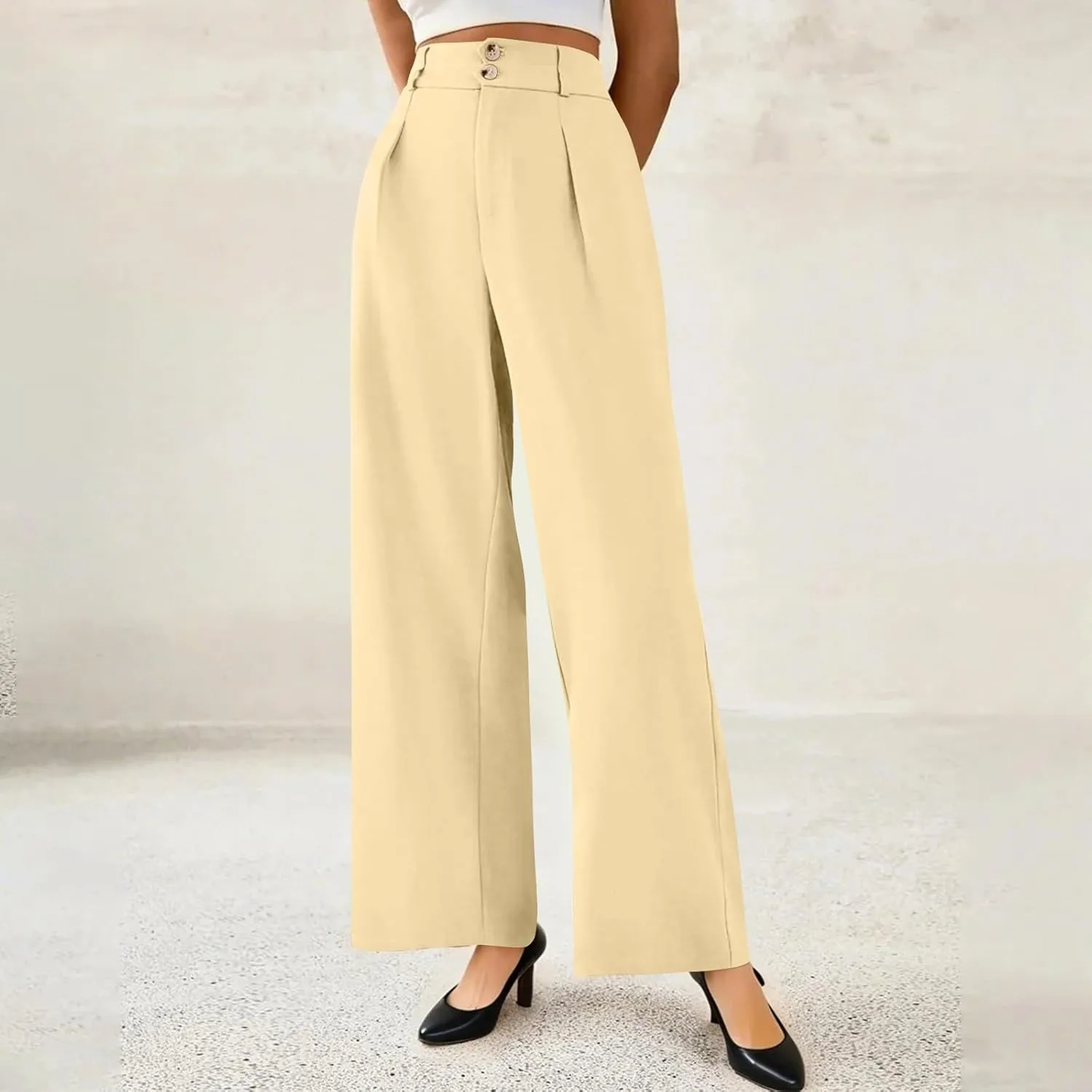 Dress Pants Women Tummy Control High Waisted Work Pants Business Casual Twill Wide Leg Chino Pants with Pockets
