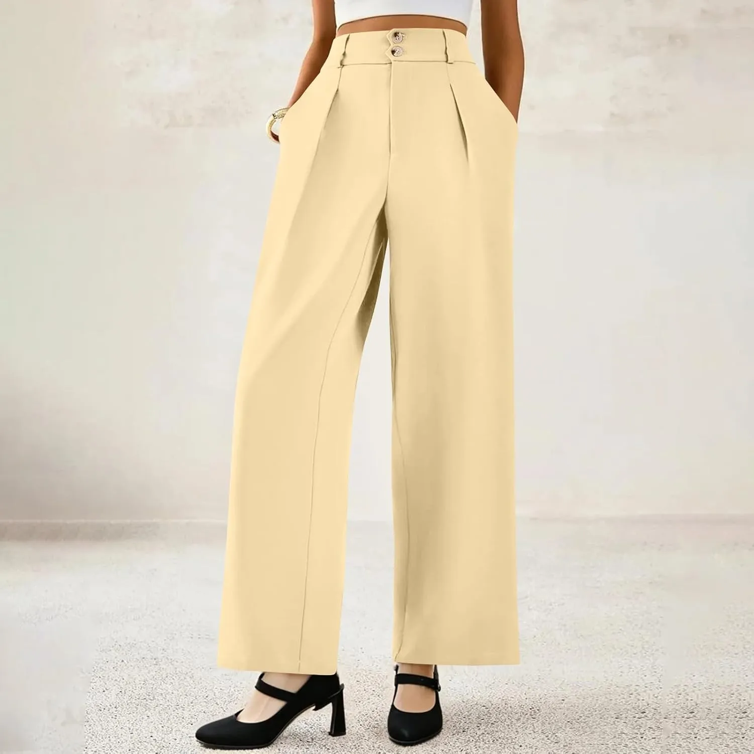 Dress Pants Women Tummy Control High Waisted Work Pants Business Casual Twill Wide Leg Chino Pants with Pockets