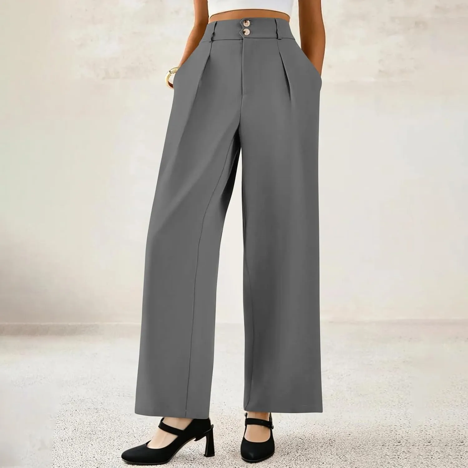 Dress Pants Women Tummy Control High Waisted Work Pants Business Casual Twill Wide Leg Chino Pants with Pockets