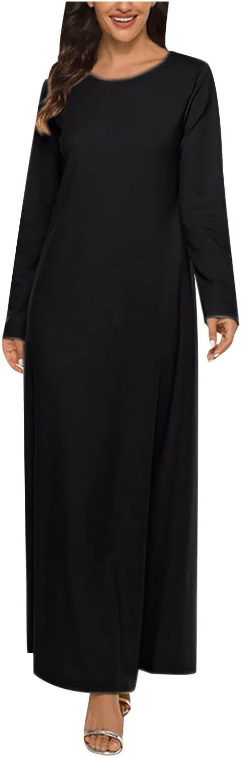 Dresses for Women Muslim Trendy Pleated Wrap Gown 2025 Solid Long Sleeve Crewneck Midi Dresses for Spring Clothing