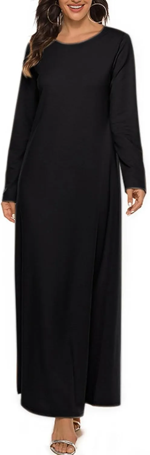 Dresses for Women Muslim Trendy Pleated Wrap Gown 2025 Solid Long Sleeve Crewneck Midi Dresses for Spring Clothing