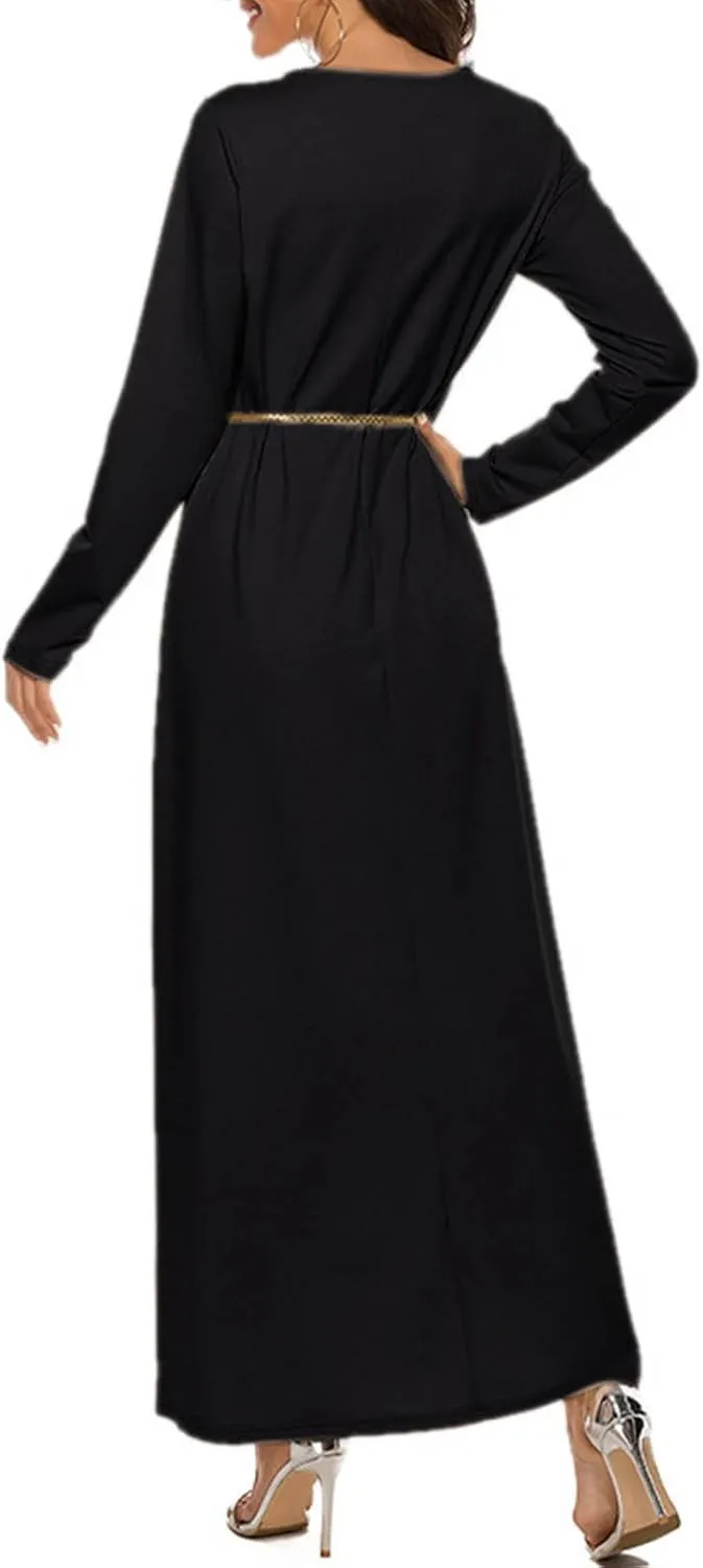 Dresses for Women Muslim Trendy Pleated Wrap Gown 2025 Solid Long Sleeve Crewneck Midi Dresses for Spring Clothing
