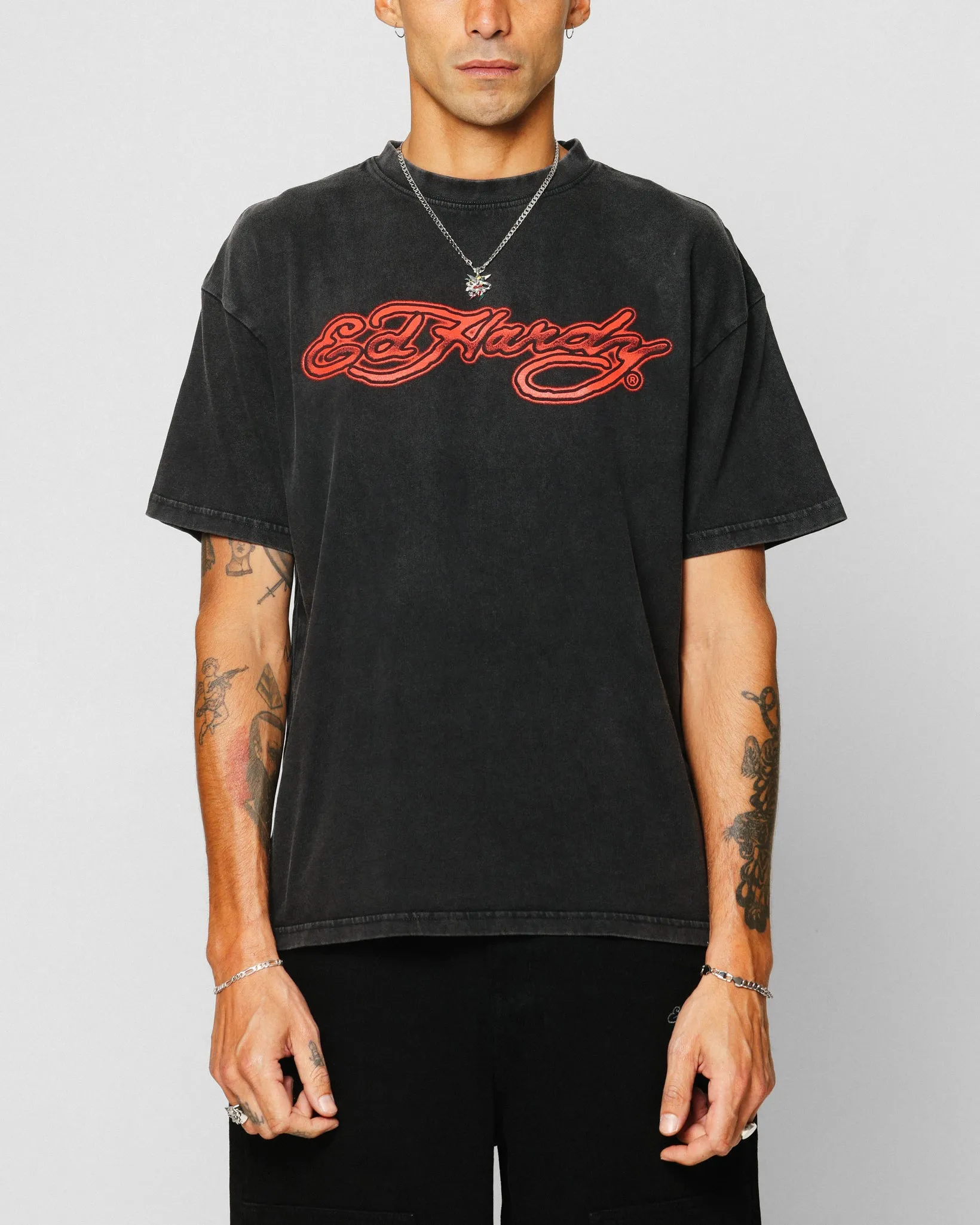 Ed Hardy Tribal T-Shirt Black Acidwash