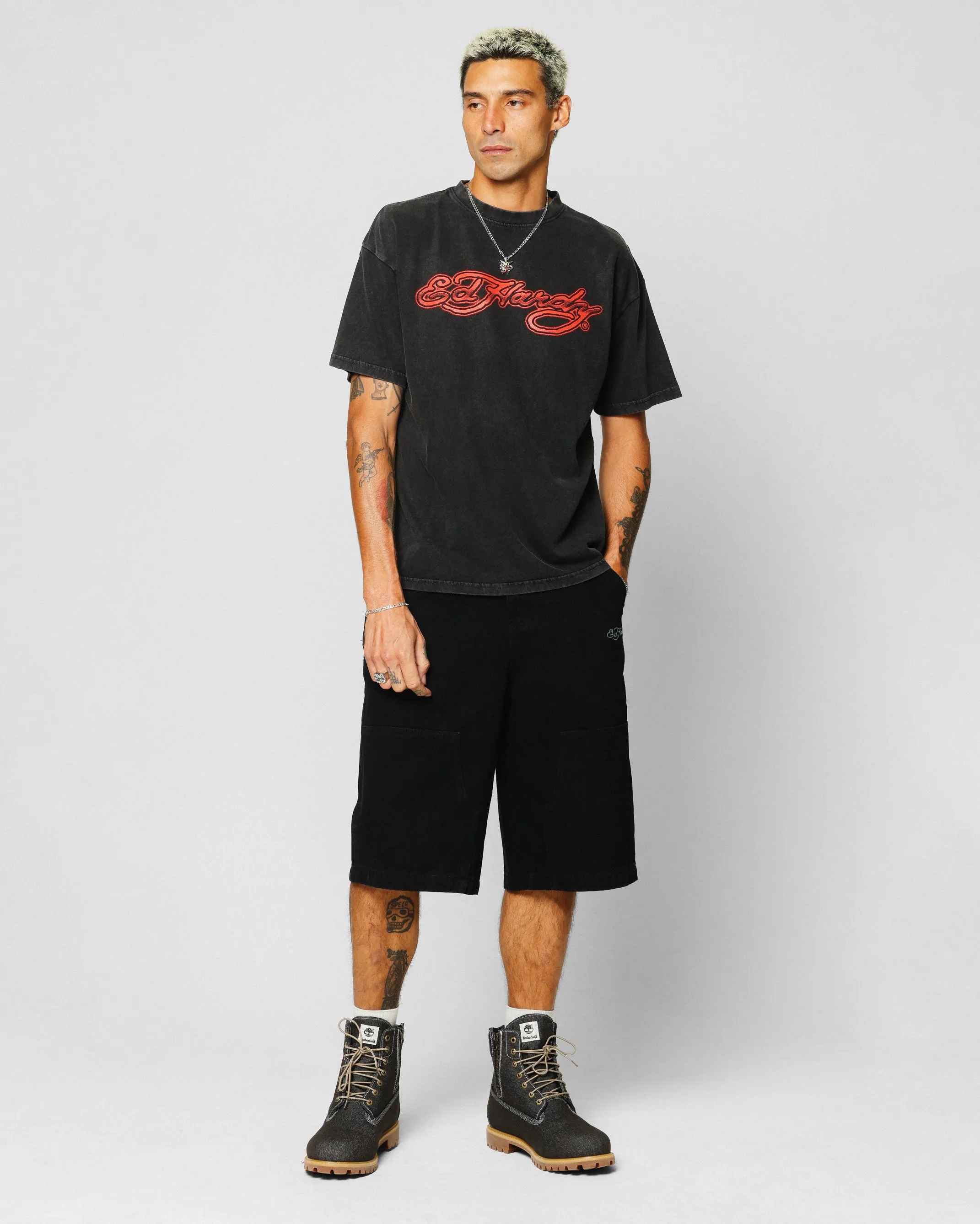 Ed Hardy Tribal T-Shirt Black Acidwash