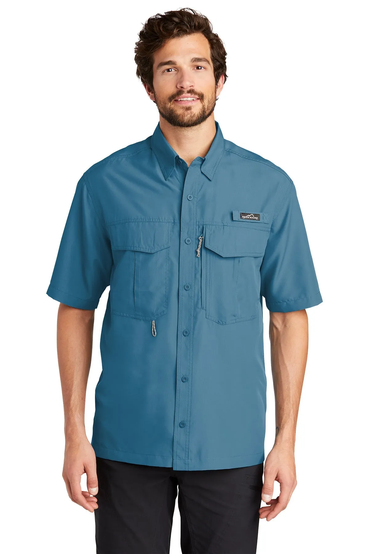 Eddie Bauer Short Sleeve Performance Branded Fishing Shirts, Gulf Teal