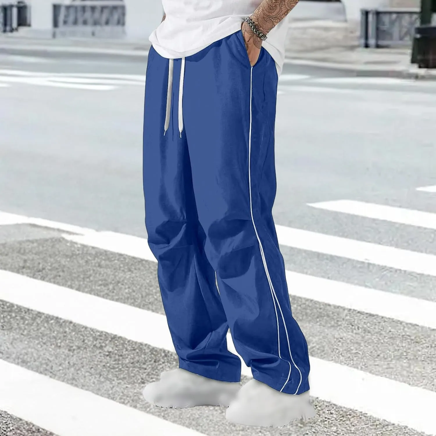 evzosrz Men's Parachute Sweatpants Y2k Summer Side Stripes Baggy Track Pants 2025 Casual Quick Dry Sports Trousers Streetwear
