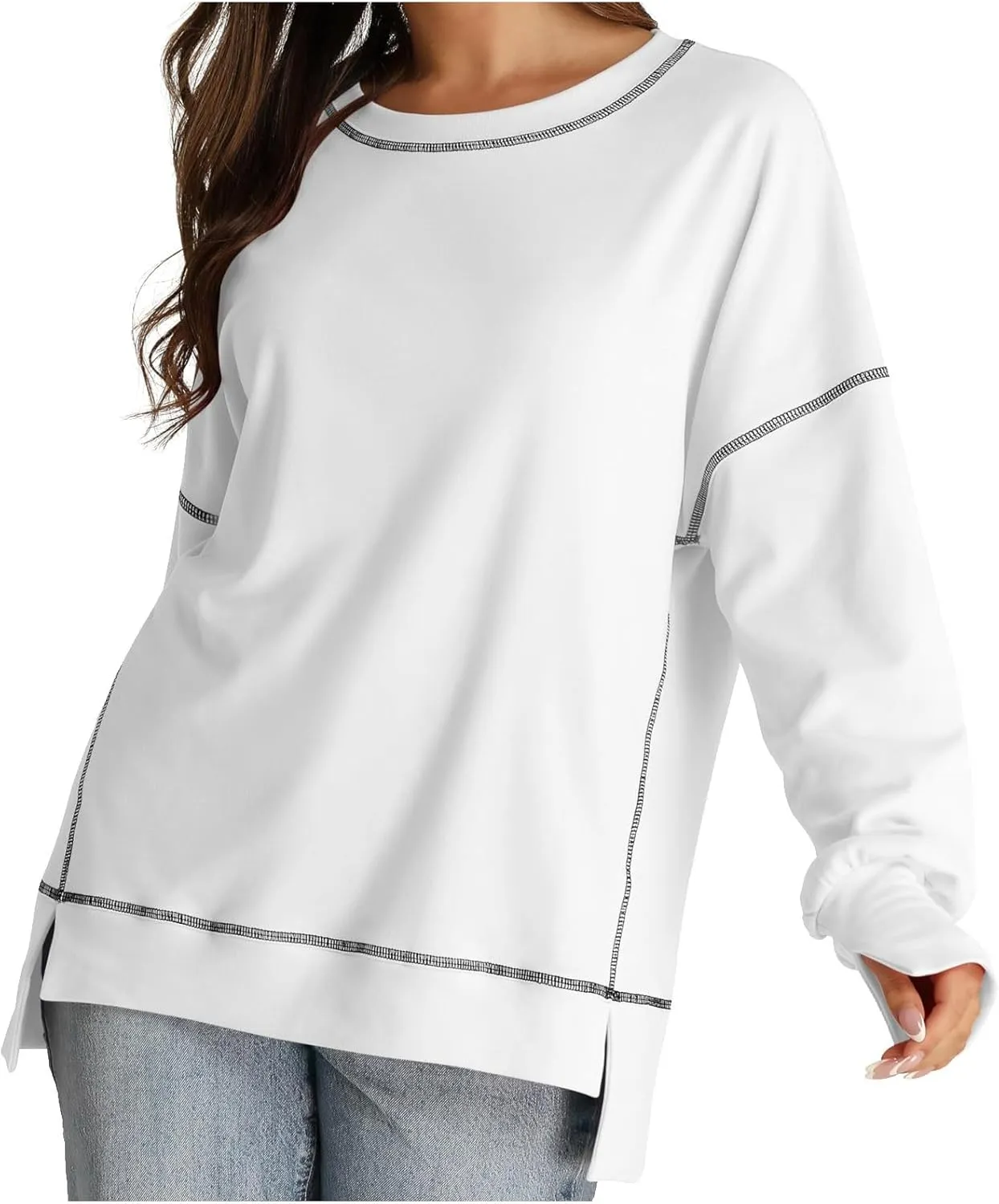 Fall Sweatshirts For Women Trendy 2024 Oversized Long Sleeve Crewneck Pullover Tops Side Slit Slouchy Sweatshirt