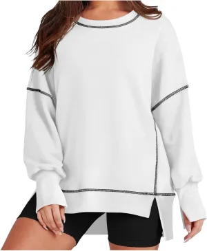 Fall Sweatshirts For Women Trendy 2024 Oversized Long Sleeve Crewneck Pullover Tops Side Slit Slouchy Sweatshirt