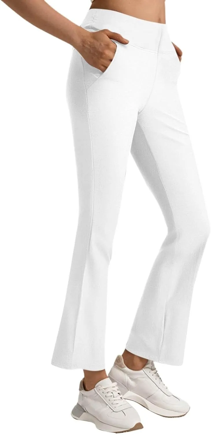 fanmpghleoo Pull On Dress Pants for Women Stretchy Yoga Work Pants High Waisted Flare Leggings with Pockets Office Slacks