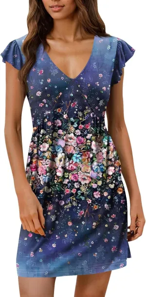 Flutter Sleeve Dress for Women Summer V Neck Mini Sundress Floral Cute Boho Elegant Casual Beach Wedding Guest Dress