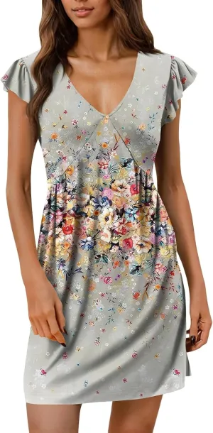 Flutter Sleeve Dress for Women Summer V Neck Mini Sundress Floral Cute Boho Elegant Casual Beach Wedding Guest Dress