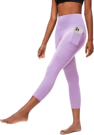 FULLSOFT Capri Leggings with Pockets High Waisted Capri Leggings for Women Tummy Control Soft Workout Yoga Pants Capris(Light Purple with Pockets,Small-Meduim)