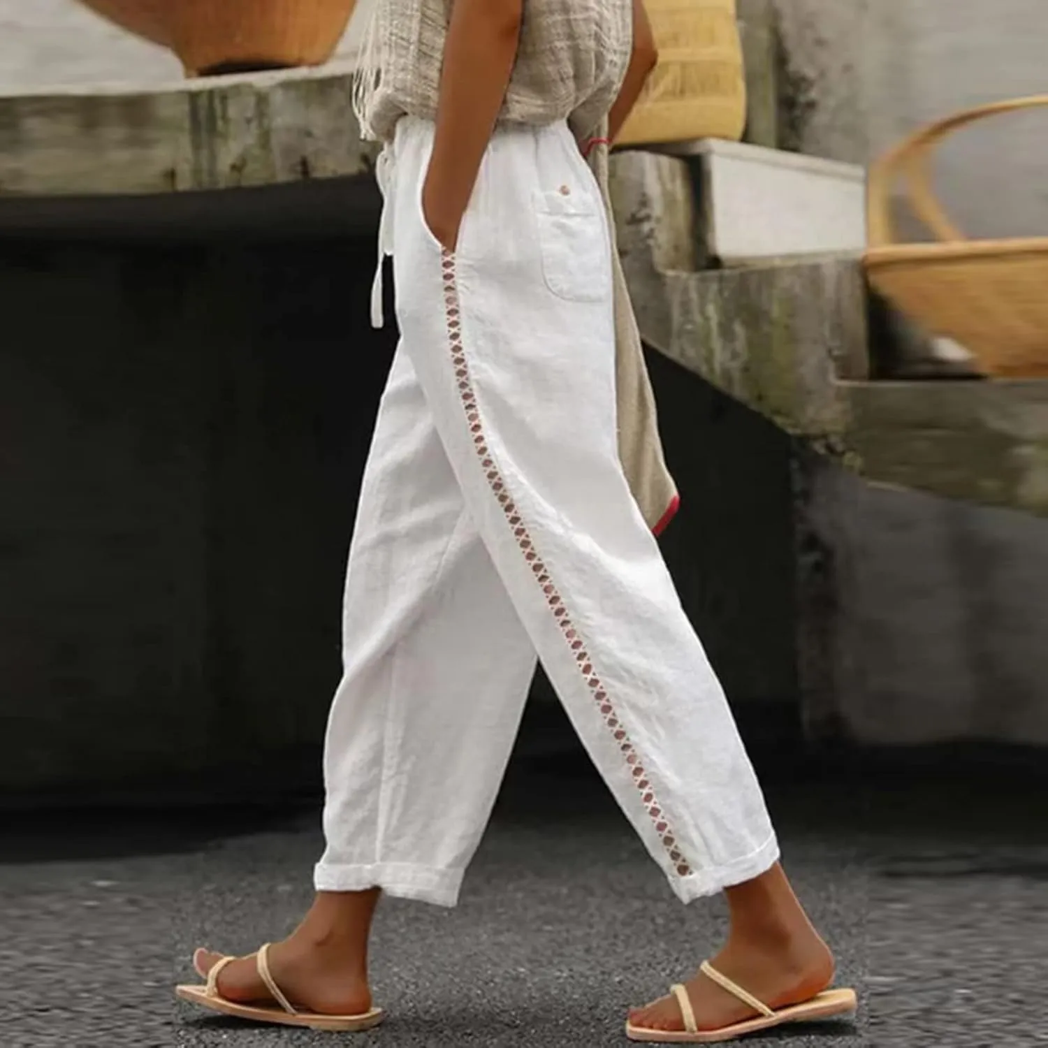 FZYLQY Summer Linen Pants Womens Crochet Side Wide Leg Casual Trousers Elastic Waist Lounge Joggers Sweatpants with Pocket