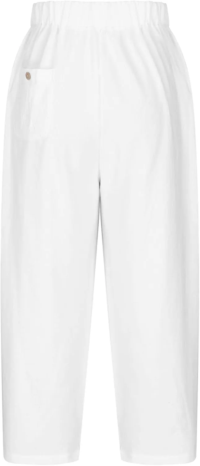 FZYLQY Summer Linen Pants Womens Crochet Side Wide Leg Casual Trousers Elastic Waist Lounge Joggers Sweatpants with Pocket