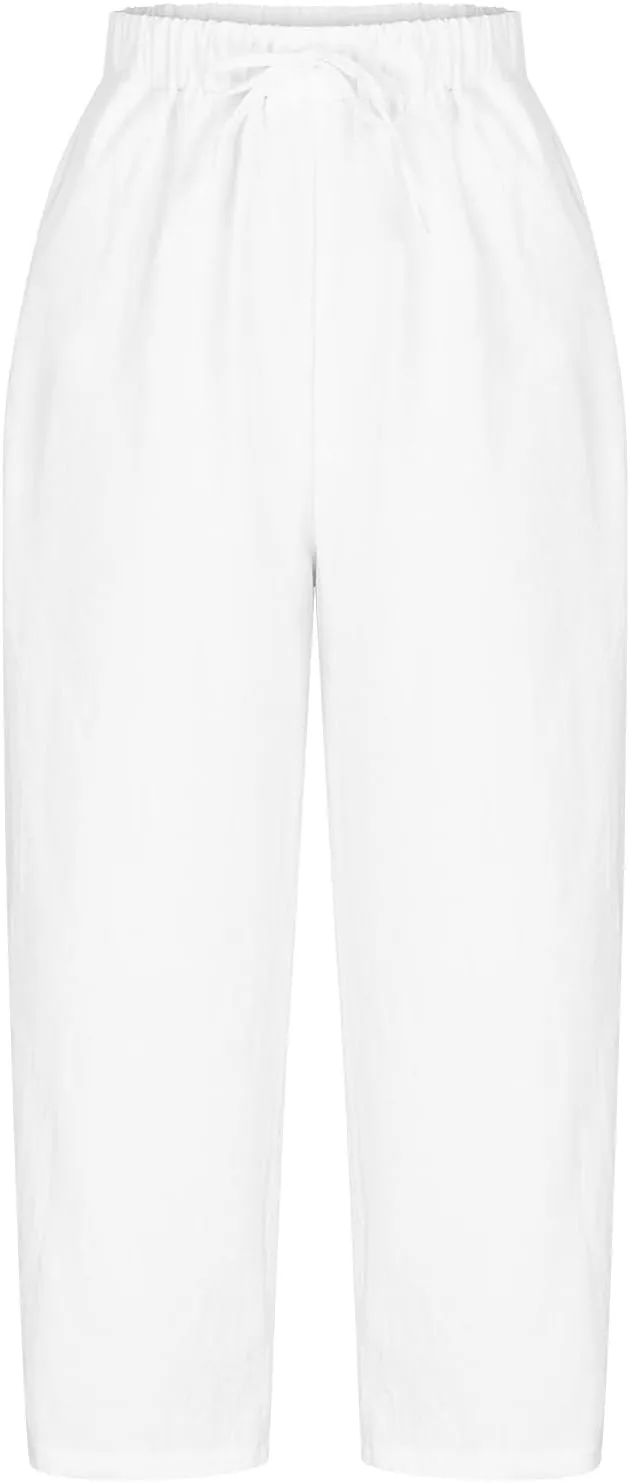 FZYLQY Summer Linen Pants Womens Crochet Side Wide Leg Casual Trousers Elastic Waist Lounge Joggers Sweatpants with Pocket