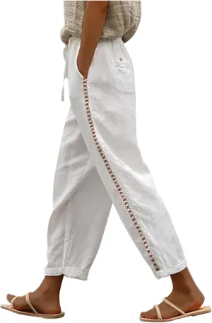 FZYLQY Summer Linen Pants Womens Crochet Side Wide Leg Casual Trousers Elastic Waist Lounge Joggers Sweatpants with Pocket