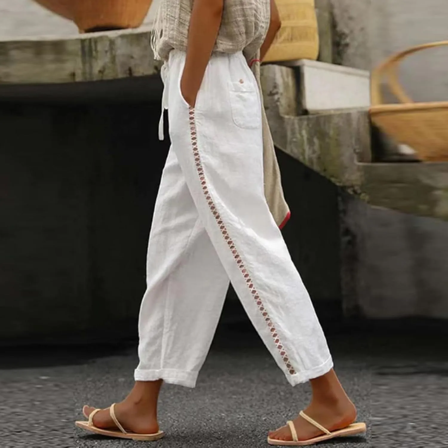 FZYLQY Summer Linen Pants Womens Crochet Side Wide Leg Casual Trousers Elastic Waist Lounge Joggers Sweatpants with Pocket