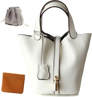 Genuine Leather Lock Design Bucket Bag Vegetable Basket Stylish Purse for Work Travel Daily Outfits