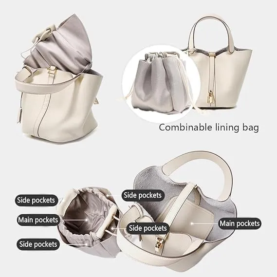 Genuine Leather Lock Design Bucket Bag Vegetable Basket Stylish Purse for Work Travel Daily Outfits