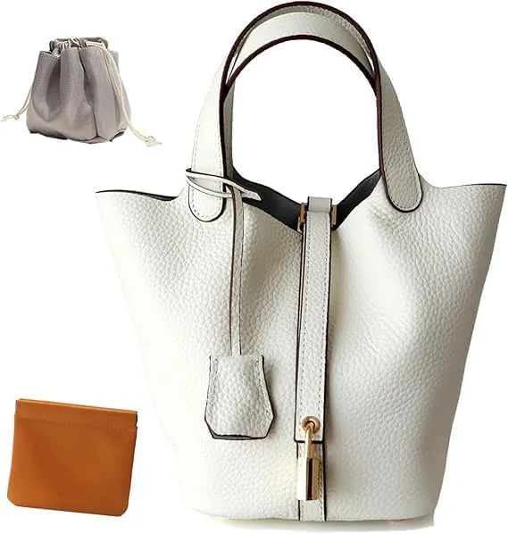 Genuine Leather Lock Design Bucket Bag Vegetable Basket Stylish Purse for Work Travel Daily Outfits