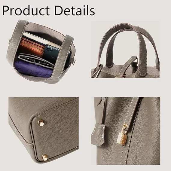 Genuine Leather Lock Design Bucket Bag Vegetable Basket Stylish Purse for Work Travel Daily Outfits