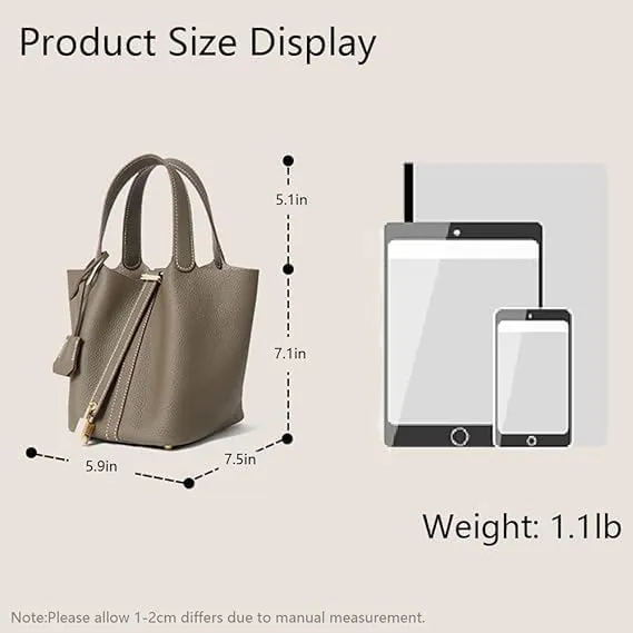Genuine Leather Lock Design Bucket Bag Vegetable Basket Stylish Purse for Work Travel Daily Outfits