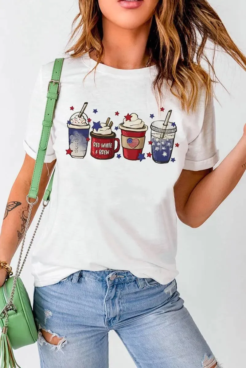 Get Ready to Sip in Style with Our 4th of July Coffee Cups Graphic T-Shirt for Ladies